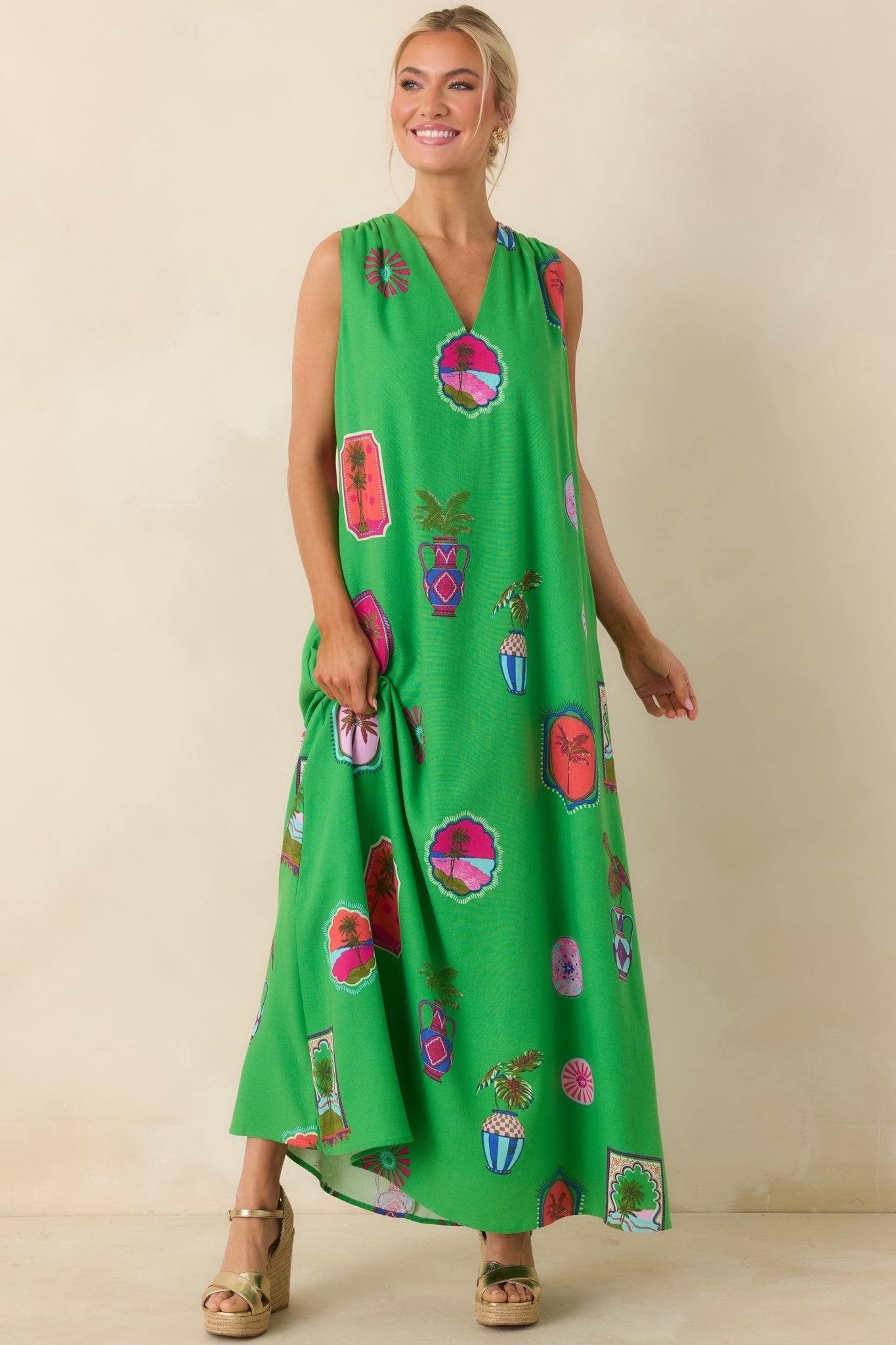 Women's Send Me A Postcard Green Multi Tropical Print Maxi Dress | 75% Rayon & 25% Linen 5