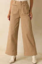 Women's Set For The Day Camel Cotton Scalloped Wide Leg Pants | 97% Cotton & 3% Spandex 0