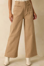 Women's Set For The Day Camel Cotton Scalloped Wide Leg Pants | 97% Cotton & 3% Spandex 3