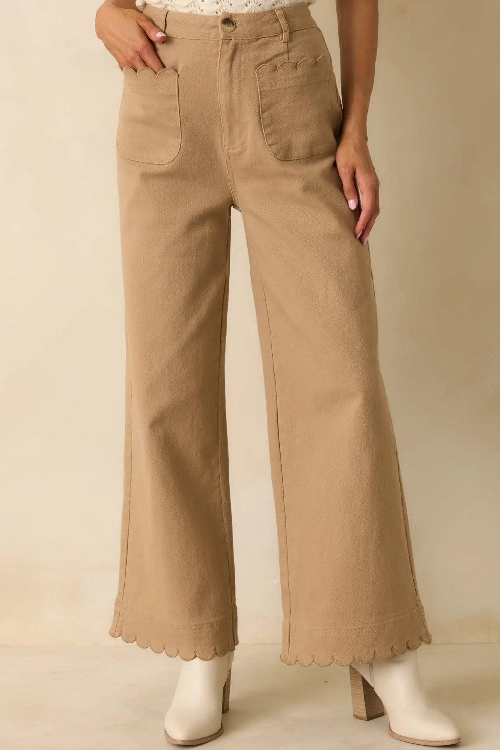 Women's Set For The Day Camel Cotton Scalloped Wide Leg Pants | 97% Cotton & 3% Spandex 4