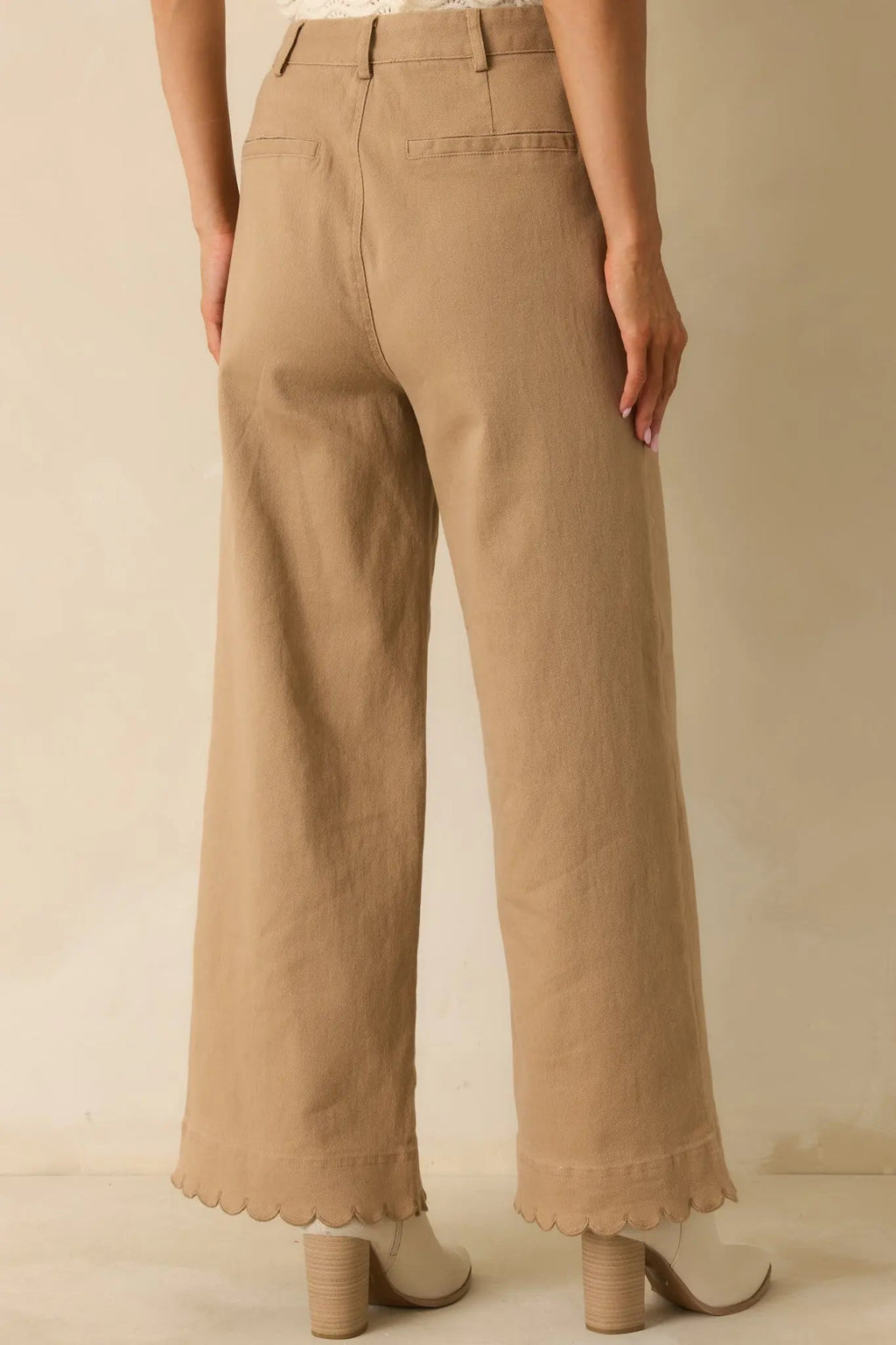 Women's Set For The Day Camel Cotton Scalloped Wide Leg Pants | 97% Cotton & 3% Spandex 5