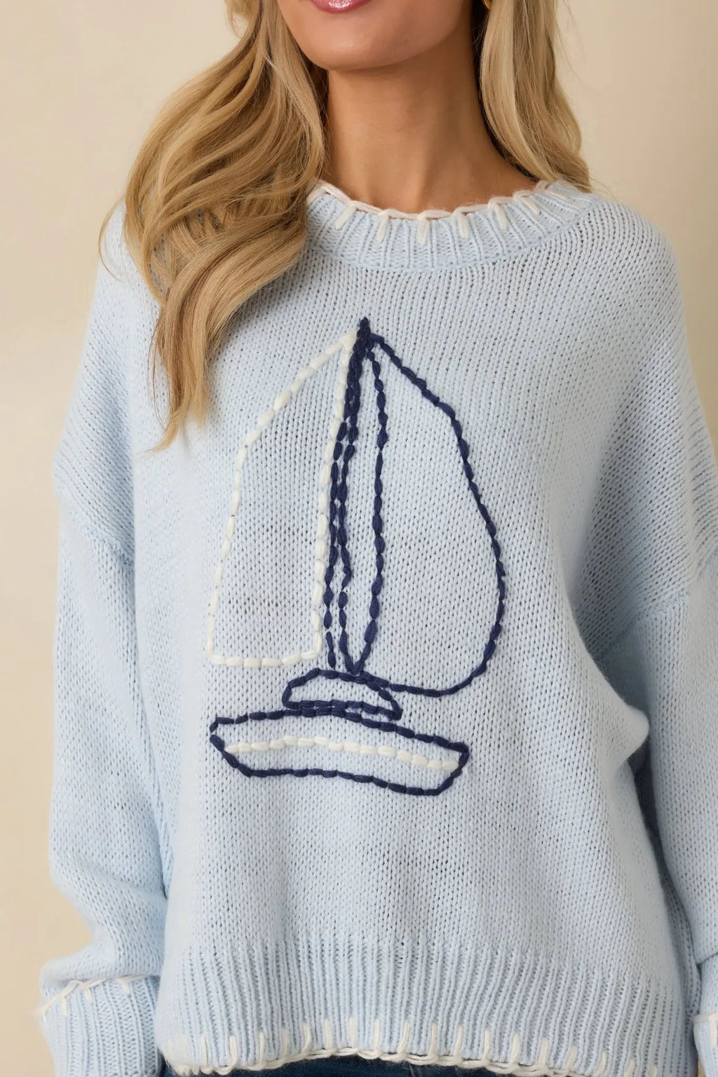 Women's Set Your Course Light Blue Knit Embroidered Sailboat Sweater | 100% Acrylic 1