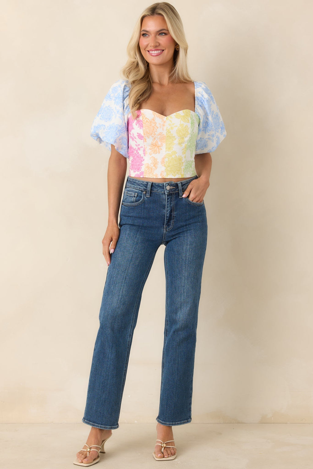 Women's She’s a Rainbow Multi Floral Cotton Linen Cropped Top | 70% Cotton & 30% Linen Contrast: 70% Cotton & 30%  4