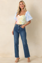 Women's She’s a Rainbow Multi Floral Cotton Linen Cropped Top | 70% Cotton & 30% Linen Contrast: 70% Cotton & 30%  5