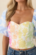 Women's She’s a Rainbow Multi Floral Cotton Linen Cropped Top | 70% Cotton & 30% Linen Contrast: 70% Cotton & 30%  6