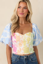 Women's She’s a Rainbow Multi Floral Cotton Linen Cropped Top | 70% Cotton & 30% Linen Contrast: 70% Cotton & 30%  7