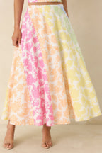Women's She’s a Rainbow Multi Floral Cotton Linen Midi Skirt | 70% Cotton & 30% Linen Contrast: 70% Cotton & 30%  0