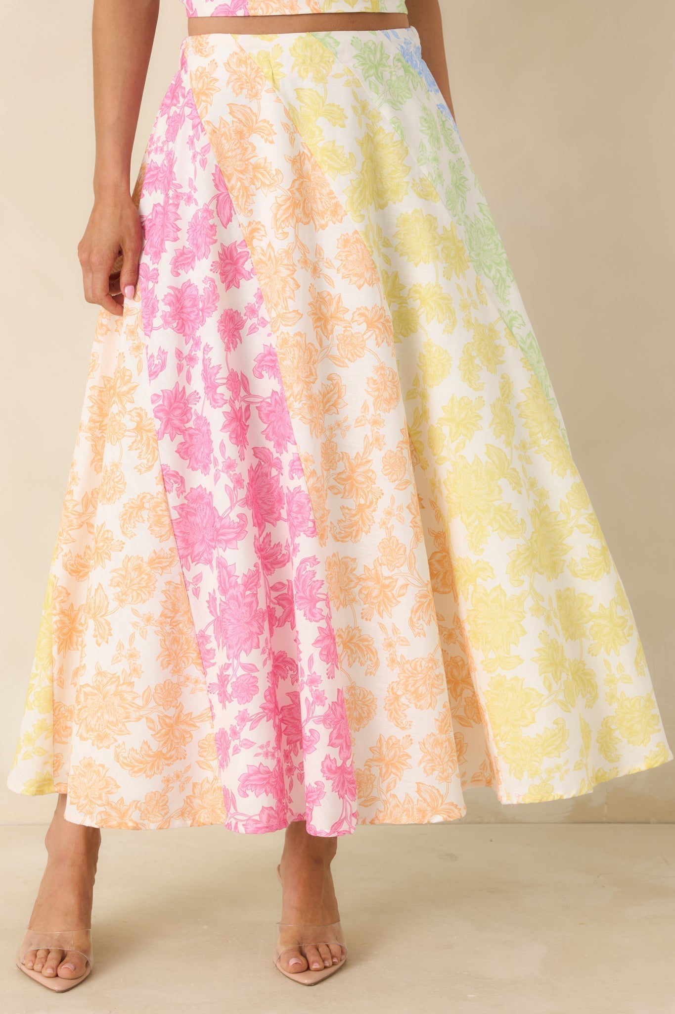 Women's She’s a Rainbow Multi Floral Cotton Linen Midi Skirt | 70% Cotton & 30% Linen Contrast: 70% Cotton & 30%  0