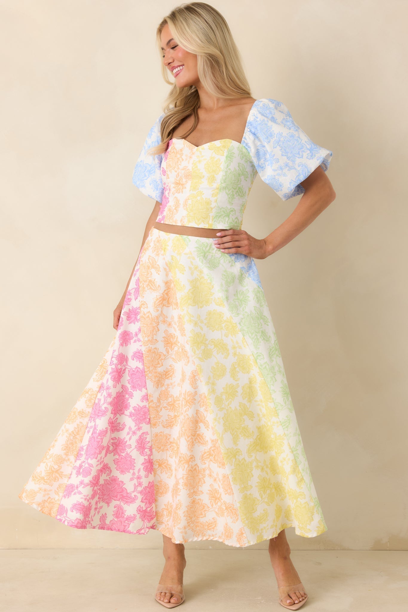 Women's She’s a Rainbow Multi Floral Cotton Linen Midi Skirt | 70% Cotton & 30% Linen Contrast: 70% Cotton & 30%  1