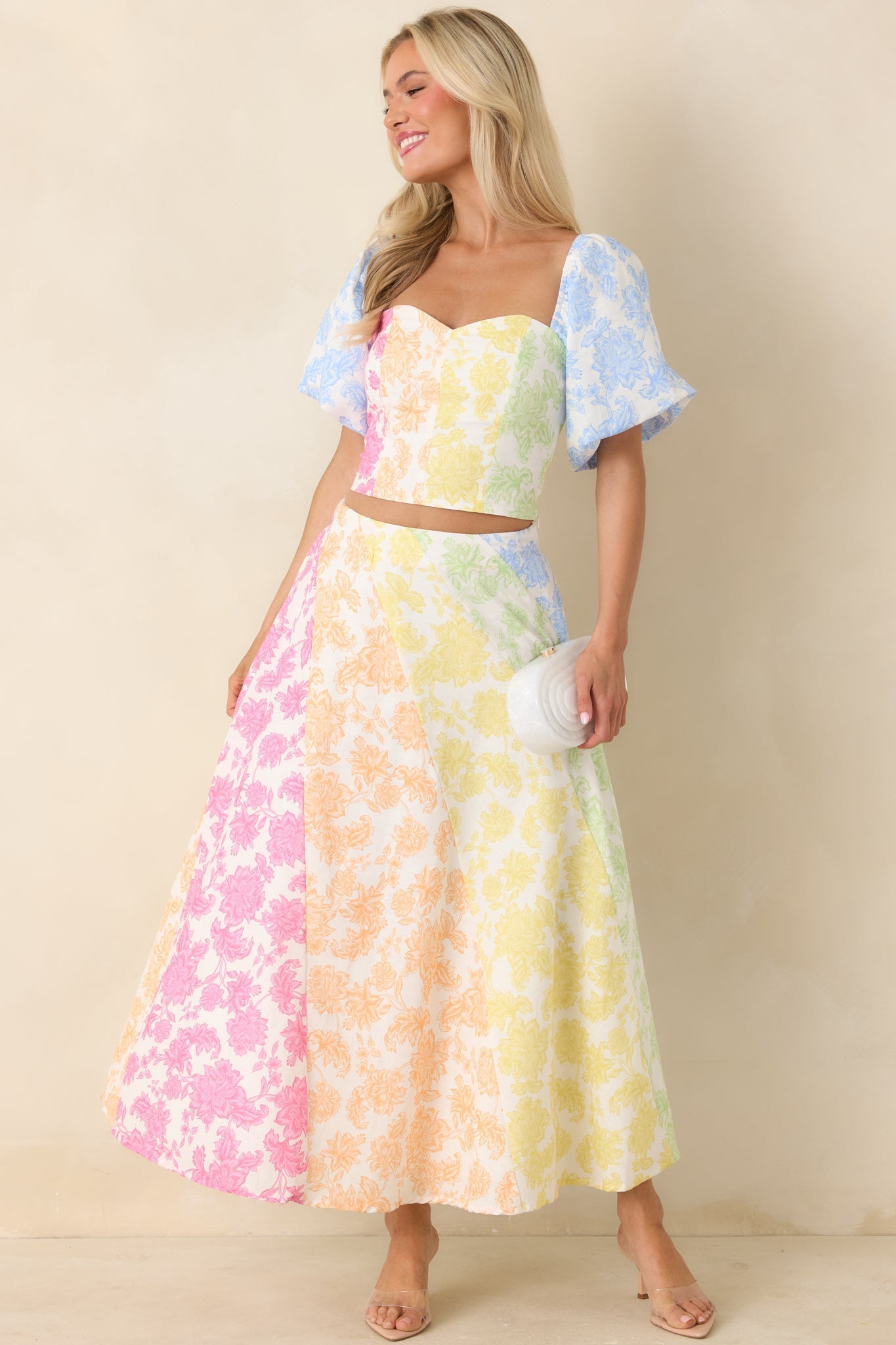 Women's She’s a Rainbow Multi Floral Cotton Linen Midi Skirt | 70% Cotton & 30% Linen Contrast: 70% Cotton & 30%  2