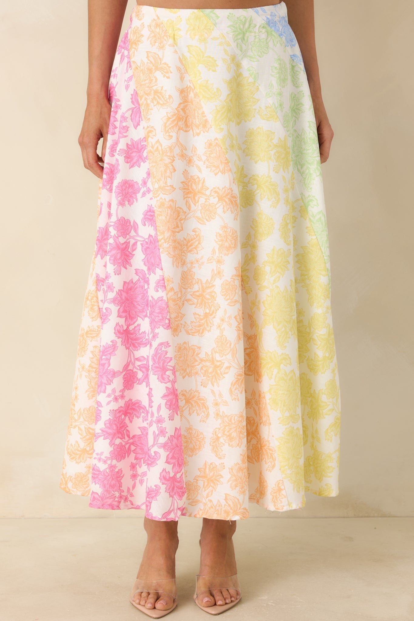 Women's She’s a Rainbow Multi Floral Cotton Linen Midi Skirt | 70% Cotton & 30% Linen Contrast: 70% Cotton & 30%  4