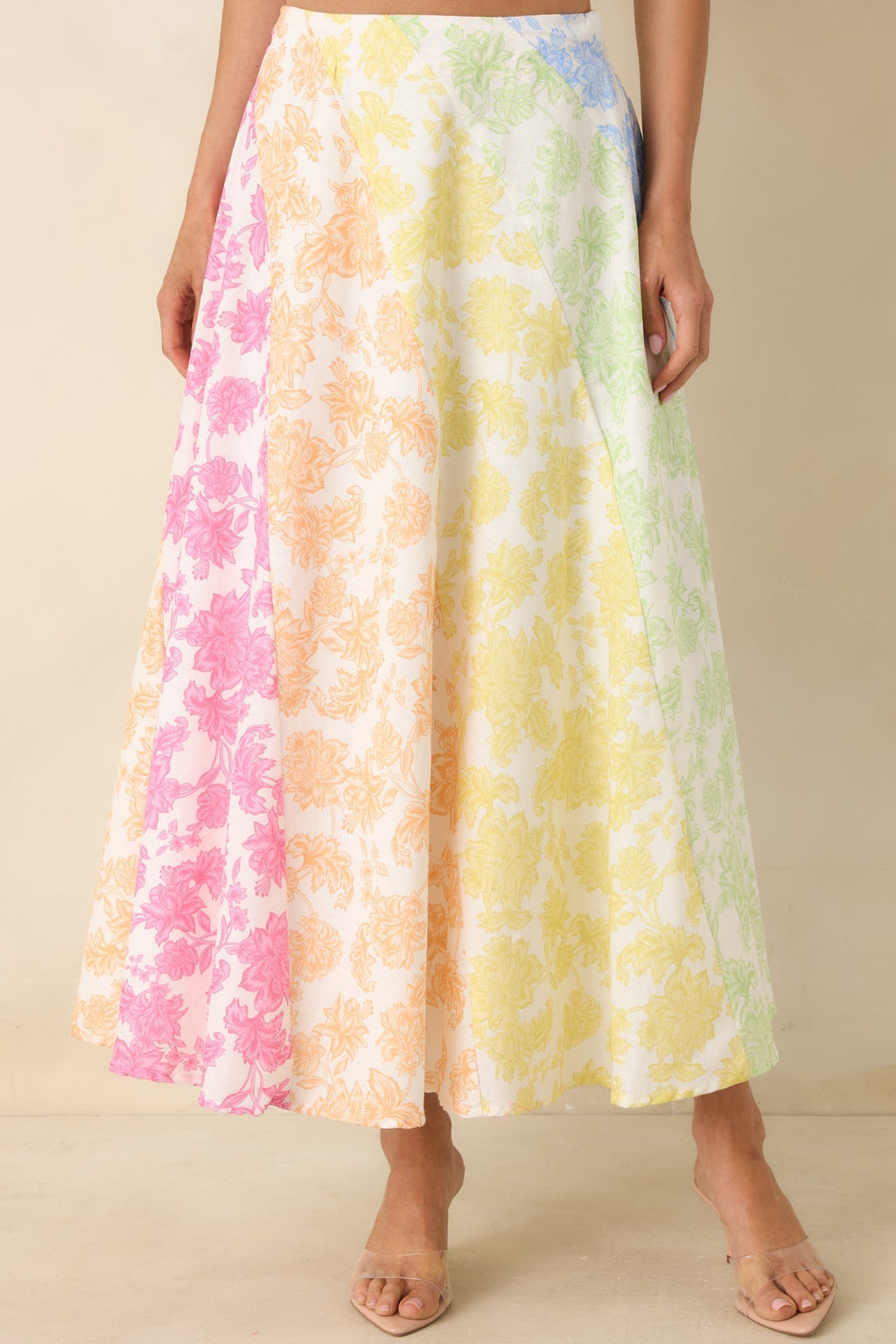 Women's She’s a Rainbow Multi Floral Cotton Linen Midi Skirt | 70% Cotton & 30% Linen Contrast: 70% Cotton & 30%  5
