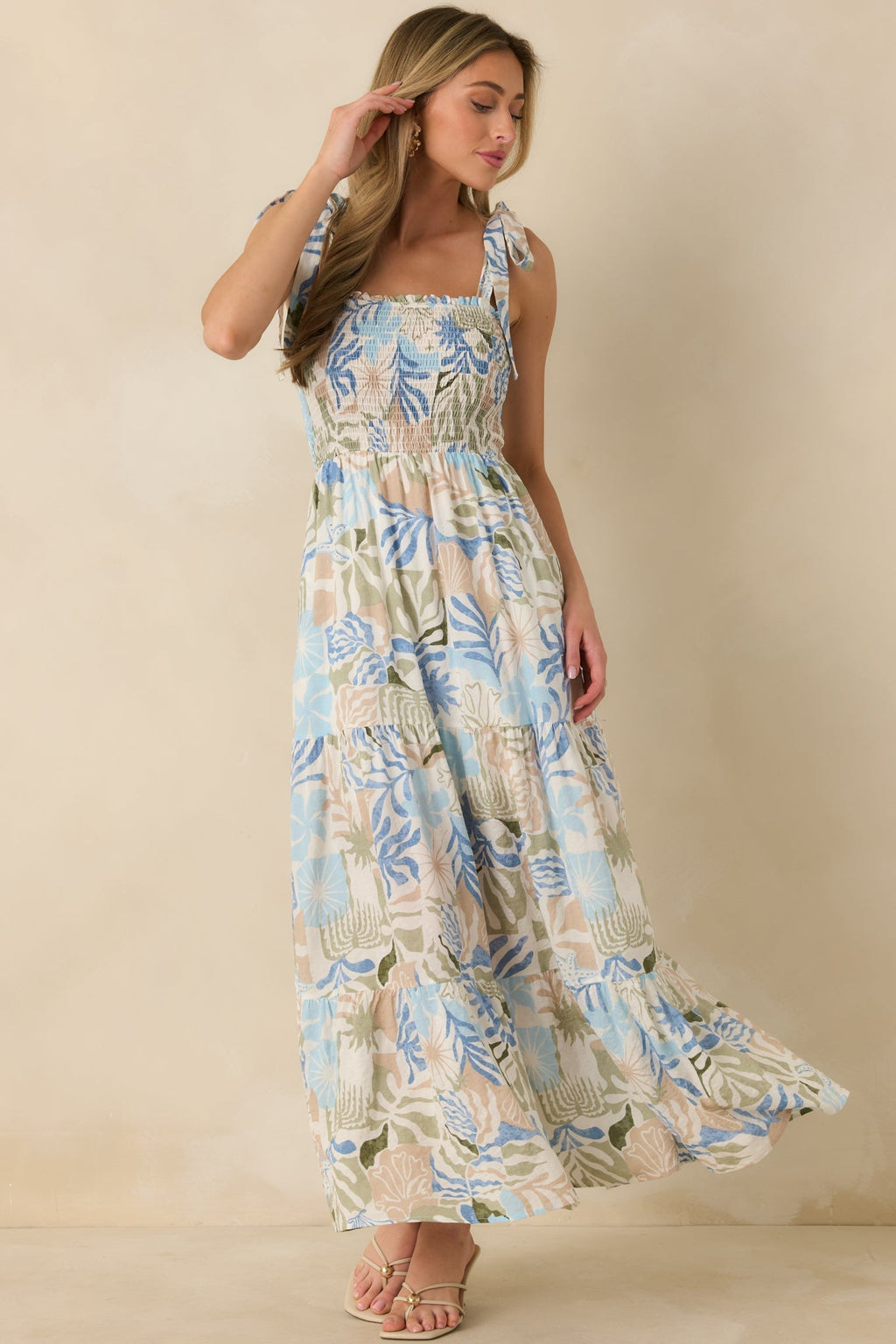 Women's Shoreline Sonata Blue Multi Palm Print Tie Strap Tiered Maxi Dress | 60% Cotton & 40% Rayon 4
