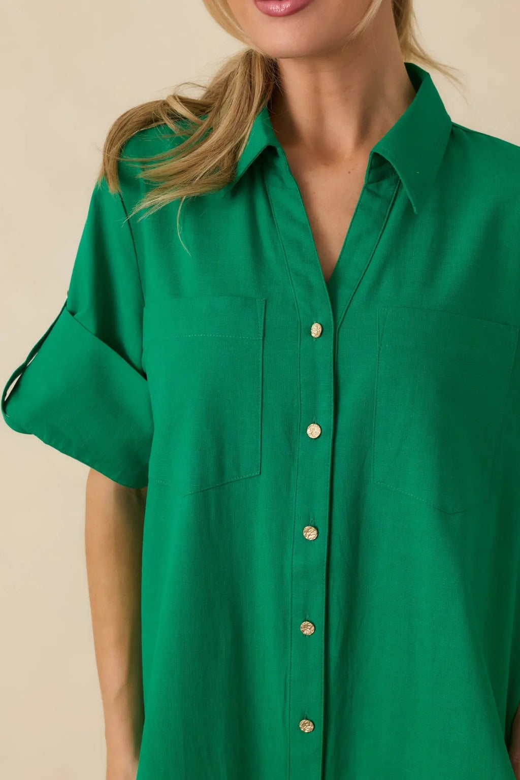 Women's Show Me the Way Kelly Green Cotton Button Front Midi Shirt Dress | 100% Cotton 1