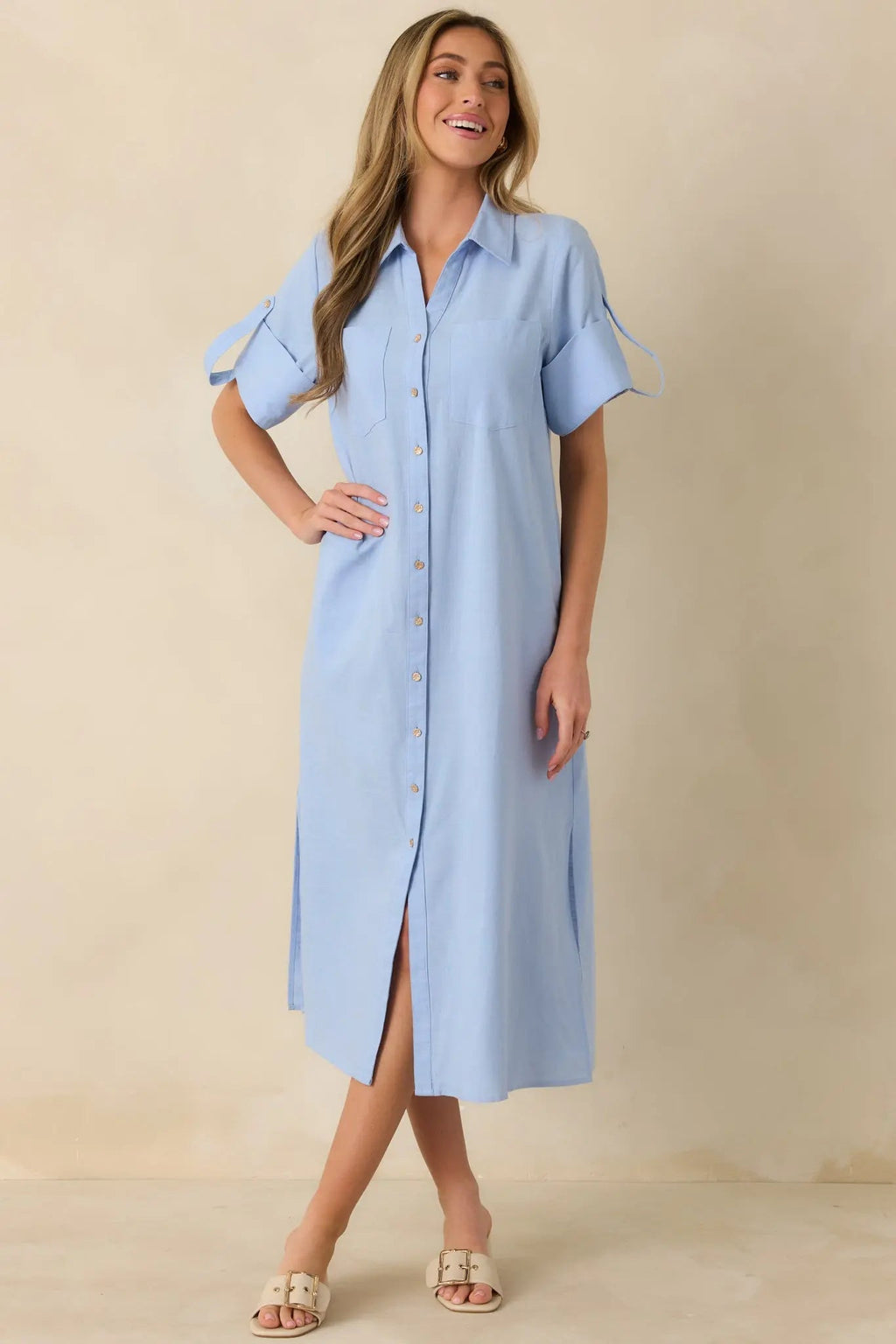 Women's Show Me the Way Light Blue Cotton Button Front Midi Shirt Dress | 100% Cotton 4