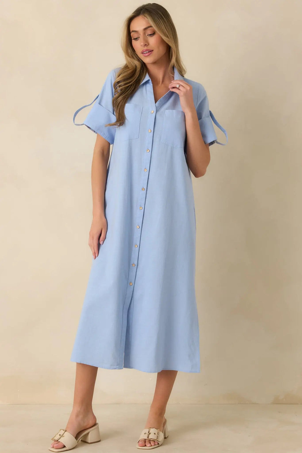 Women's Show Me the Way Light Blue Cotton Button Front Midi Shirt Dress | 100% Cotton 5