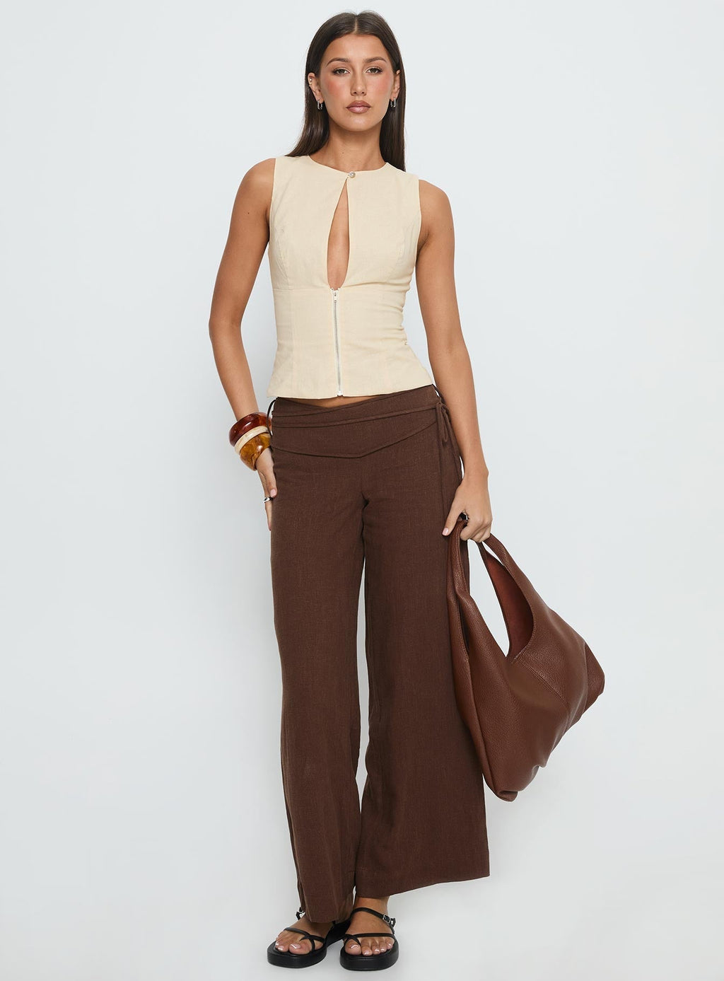 Women's Silver Moon Linen Blend Tie Pants Brown | Linen blend tie pants in a mid-rise fit 2