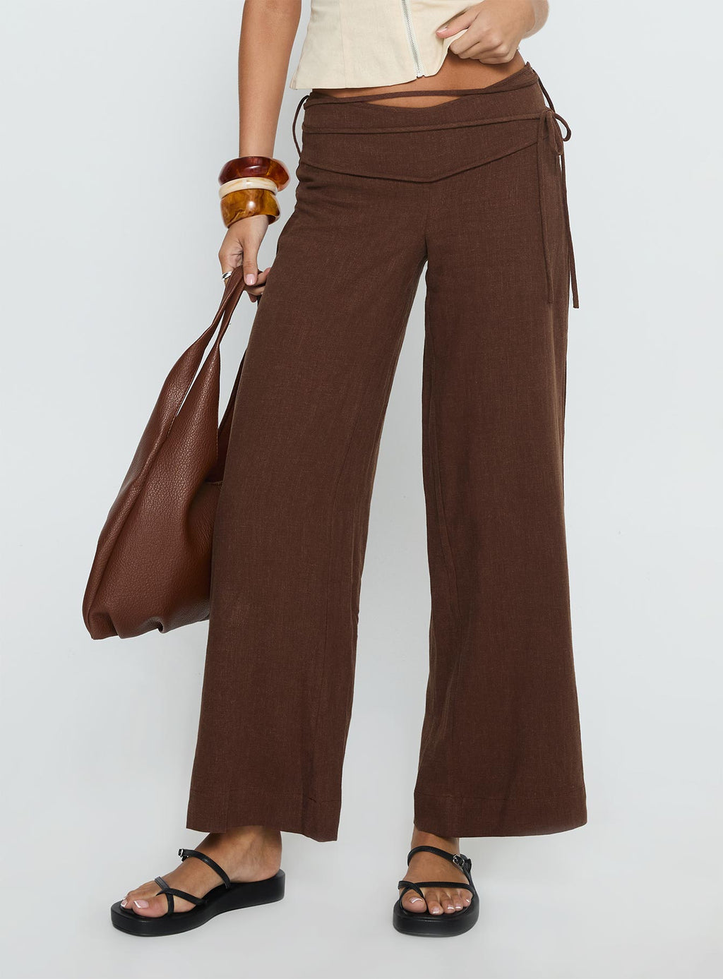 Women's Silver Moon Linen Blend Tie Pants Brown Petite | Princess Polly Petite 1