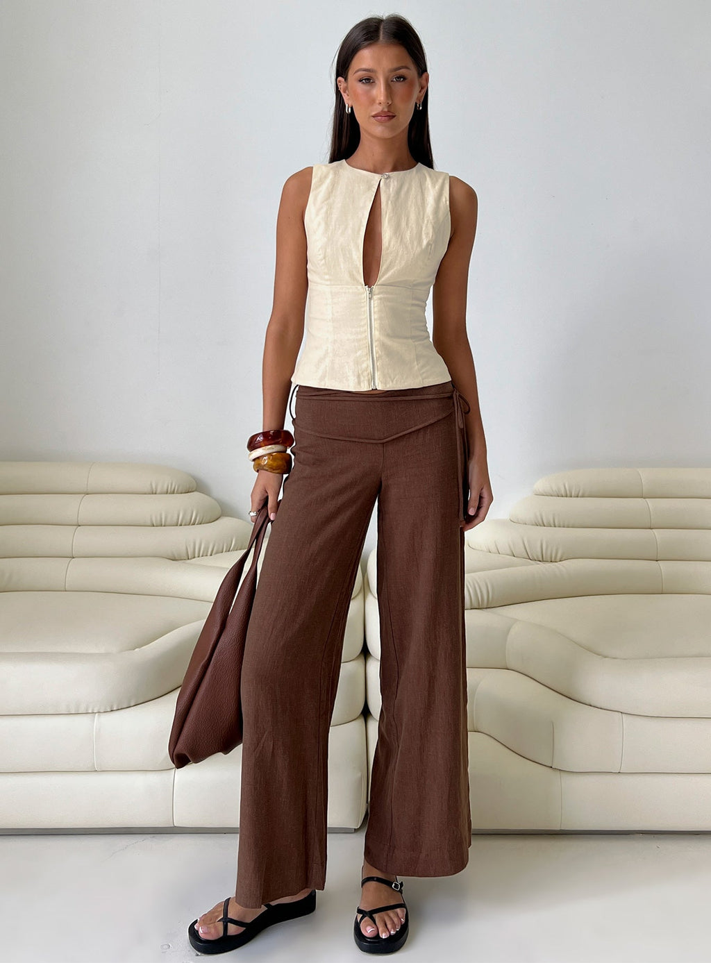 Women's Silver Moon Linen Blend Tie Pants Brown Petite | Princess Polly Petite 7