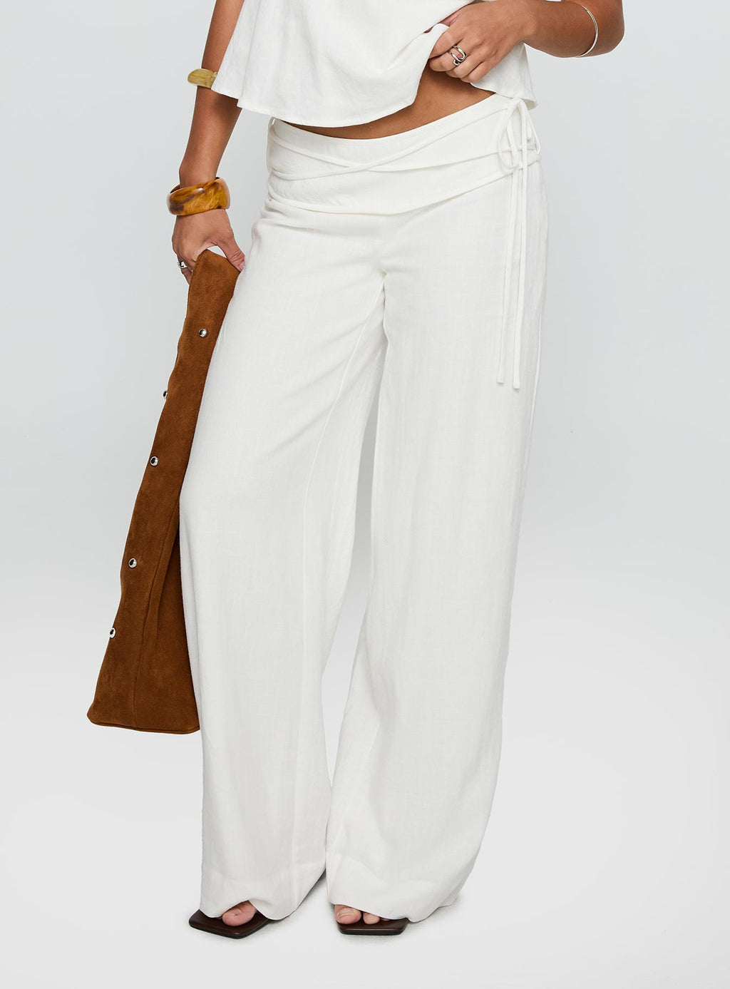 Women's Silver Moon Linen Blend Tie Pants White 1