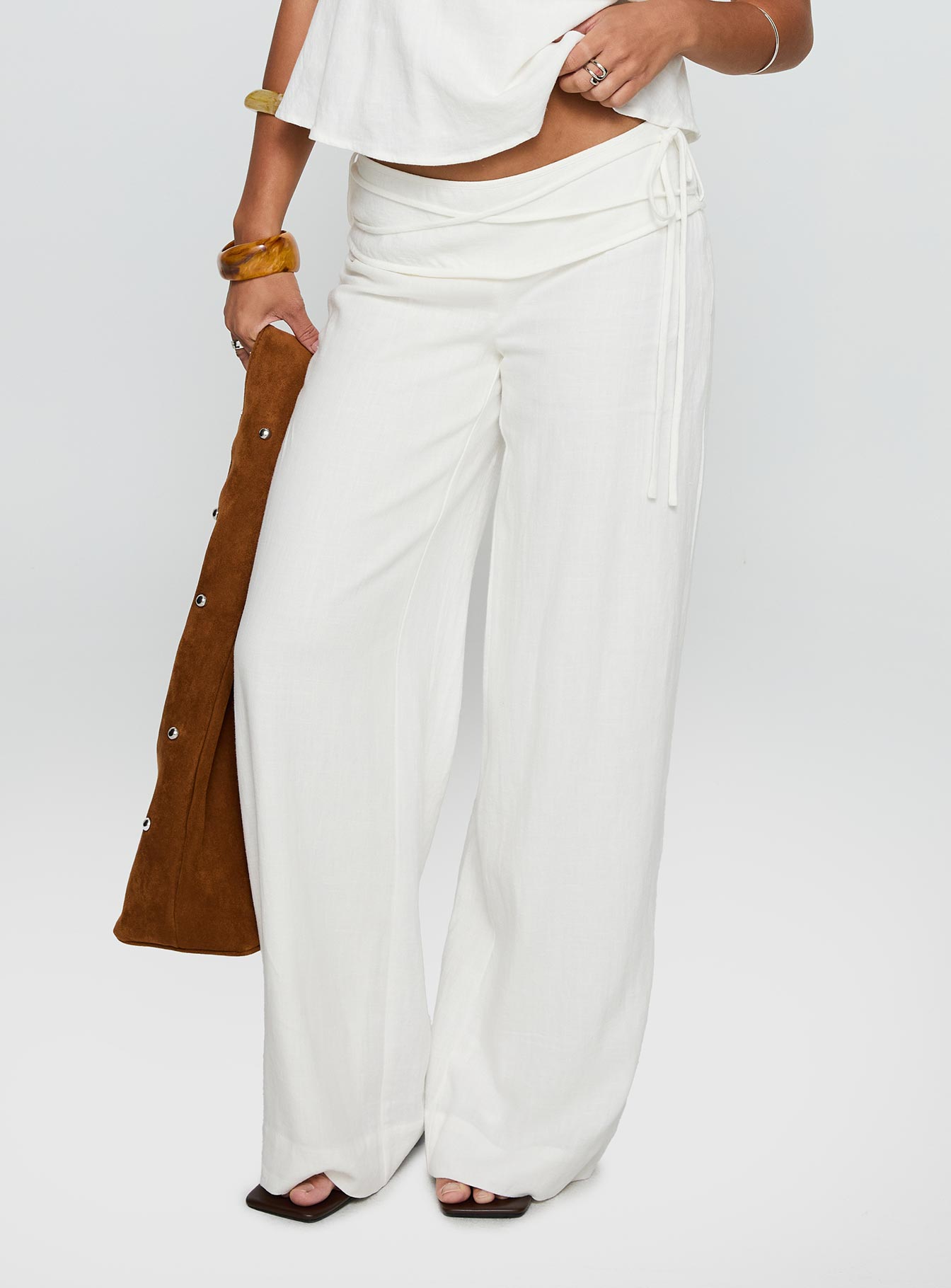 Women's Silver Moon Linen Blend Tie Pants White 1