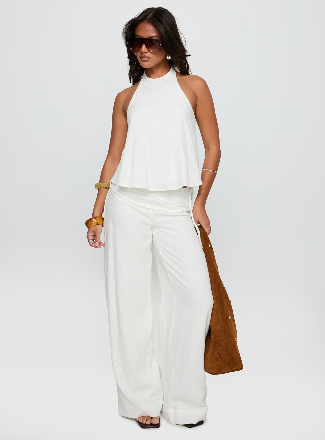 Women's Silver Moon Linen Blend Tie Pants White 2