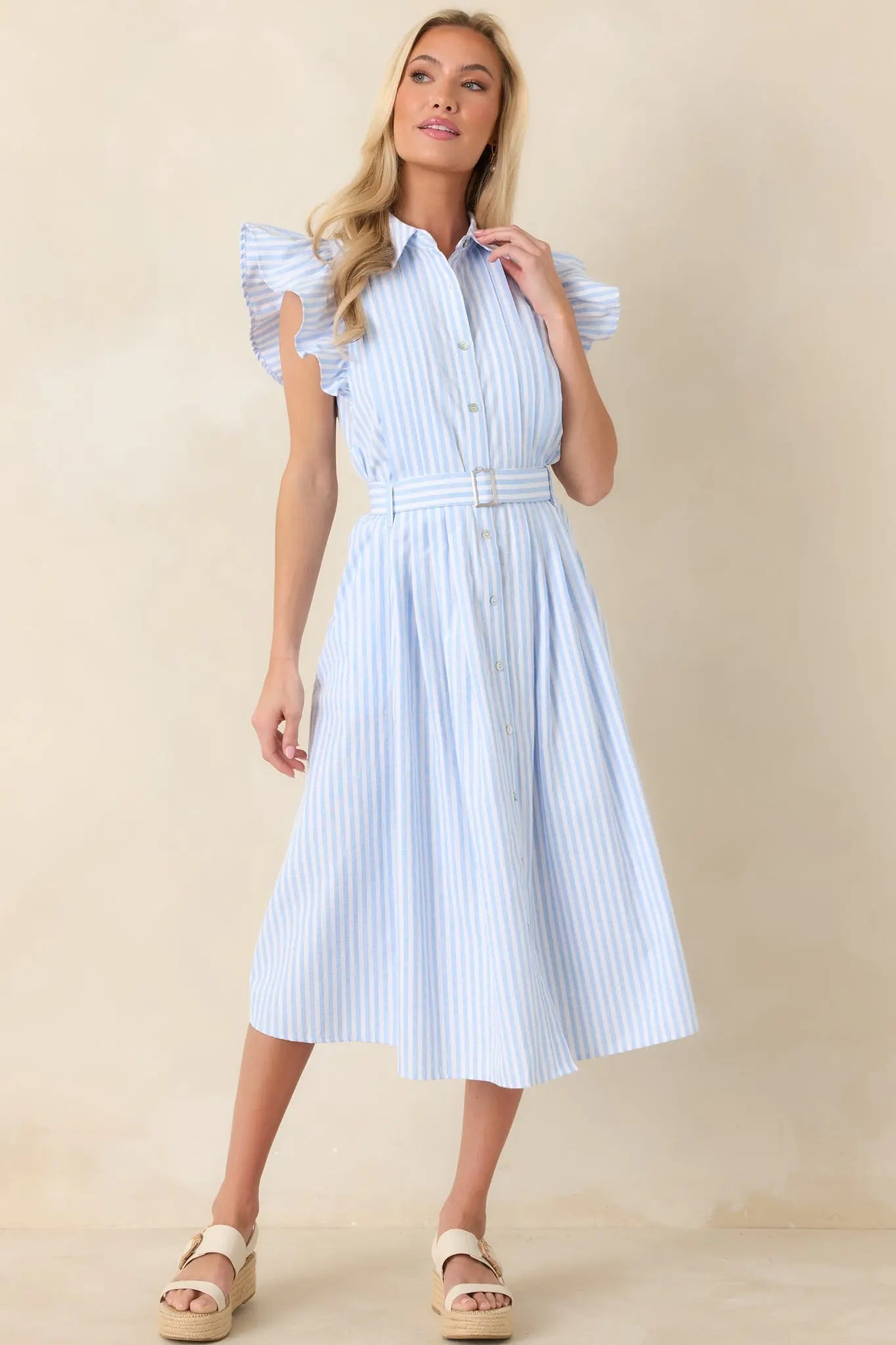 Women's Simple Statement Sky Blue and White Stripe Button Front Midi Dress | 100% Polyester 0
