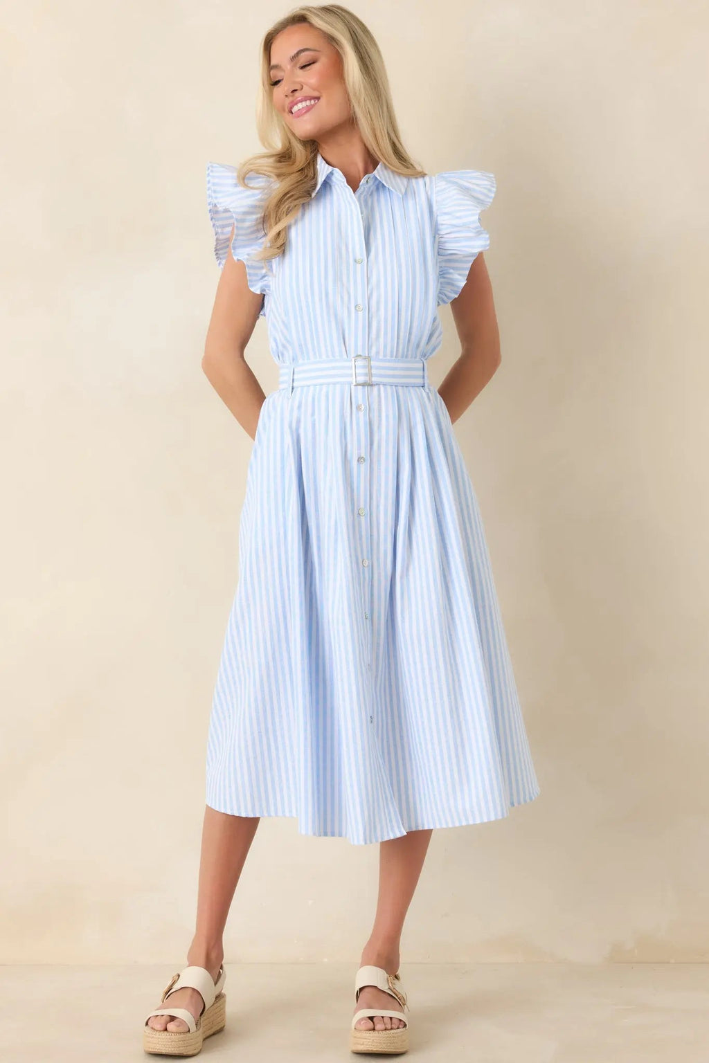 Women's Simple Statement Sky Blue and White Stripe Button Front Midi Dress | 100% Polyester 2