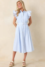Women's Simple Statement Sky Blue and White Stripe Button Front Midi Dress | 100% Polyester 2