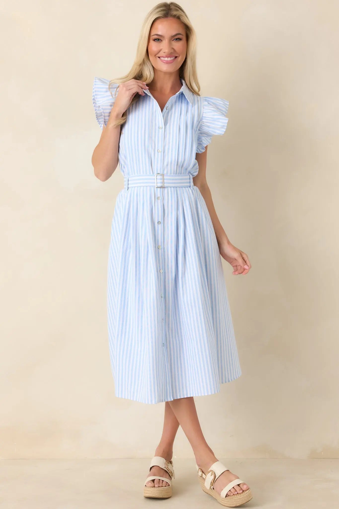 Women's Simple Statement Sky Blue and White Stripe Button Front Midi Dress | 100% Polyester 3