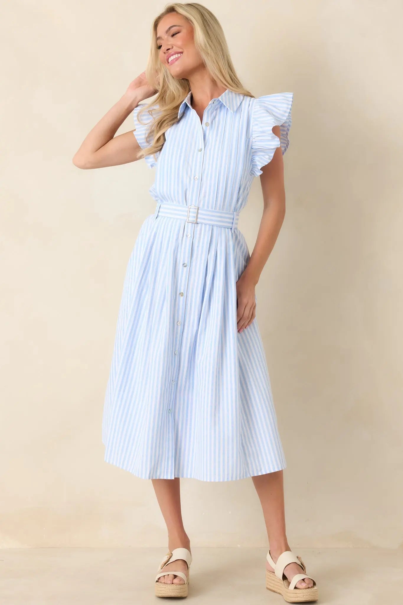 Women's Simple Statement Sky Blue and White Stripe Button Front Midi Dress | 100% Polyester 4