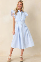 Women's Simple Statement Sky Blue and White Stripe Button Front Midi Dress | 100% Polyester 5