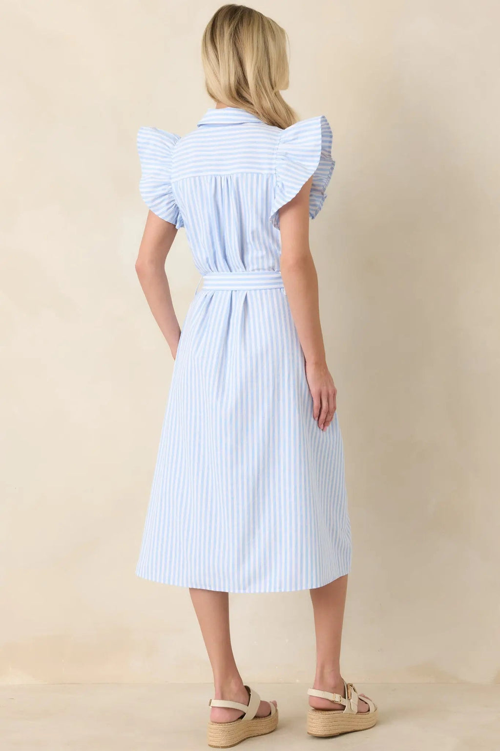 Women's Simple Statement Sky Blue and White Stripe Button Front Midi Dress | 100% Polyester 6