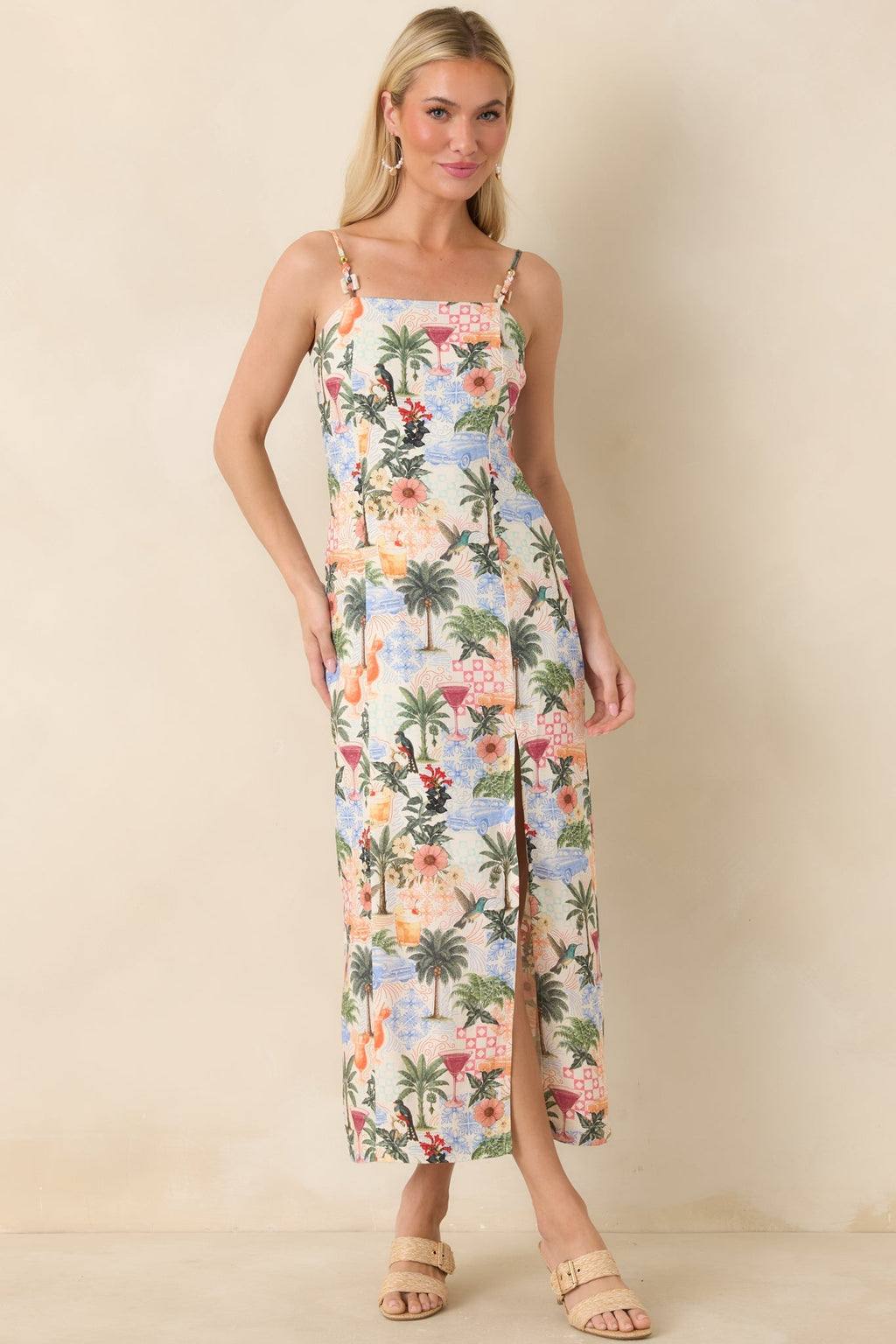 Women's Sipping Under the Palms Multi Tropical Print Bead Detail Midi Dress | 85% Rayon & 15% Linen 0