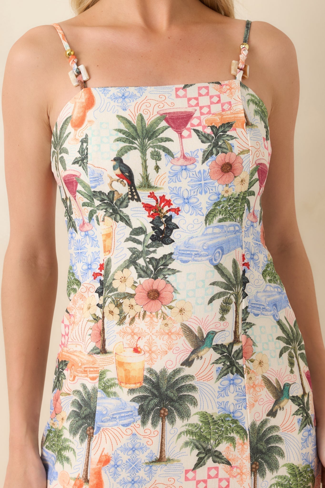 Women's Sipping Under the Palms Multi Tropical Print Bead Detail Midi Dress | 85% Rayon & 15% Linen 2