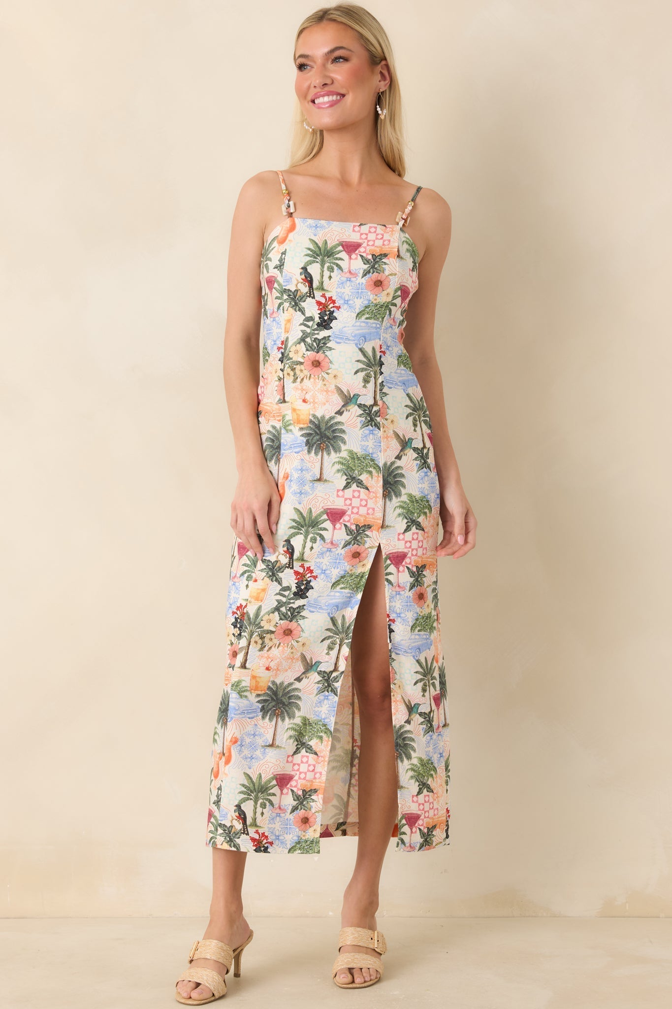 Women's Sipping Under the Palms Multi Tropical Print Bead Detail Midi Dress | 85% Rayon & 15% Linen 3