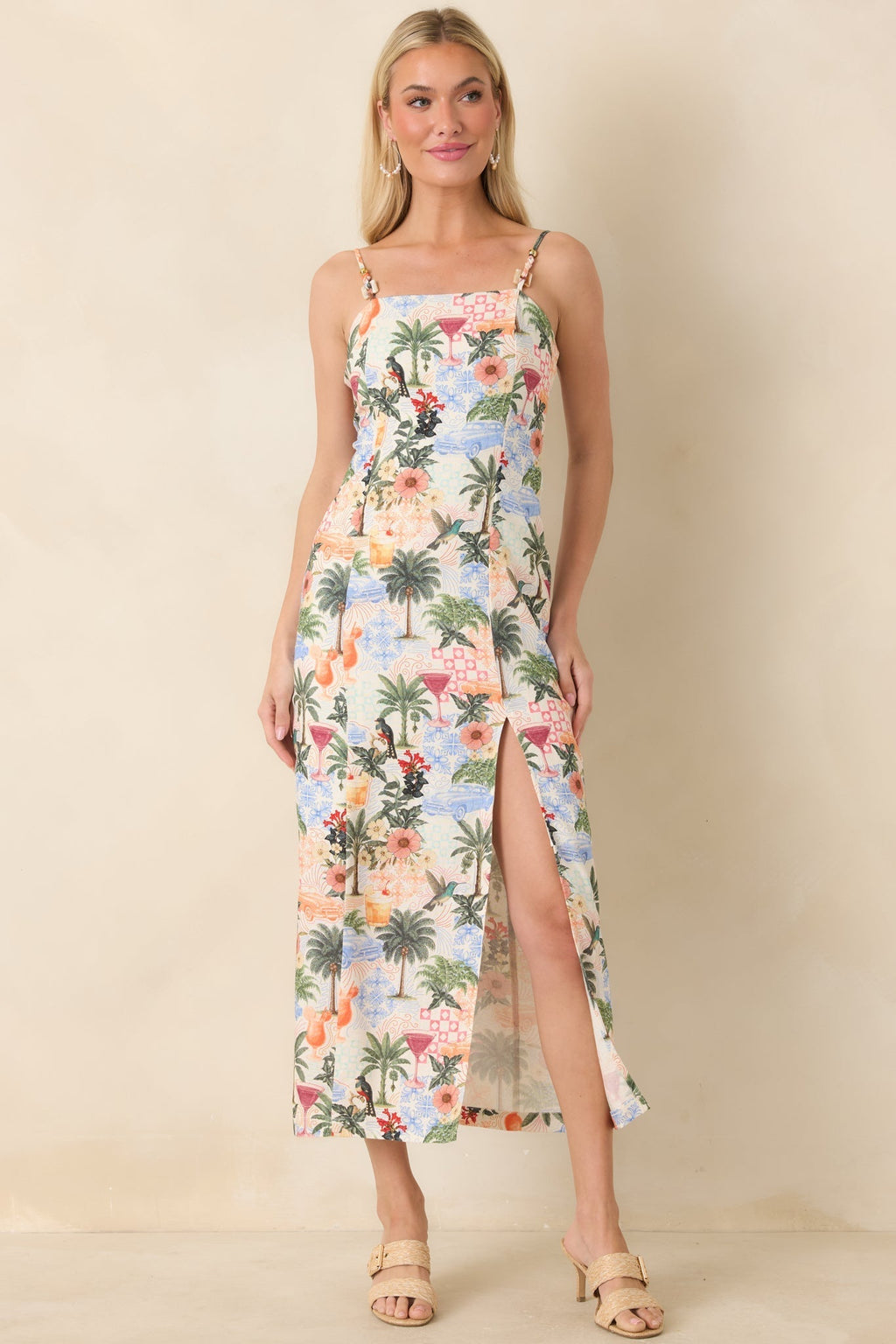 Women's Sipping Under the Palms Multi Tropical Print Bead Detail Midi Dress | 85% Rayon & 15% Linen 4