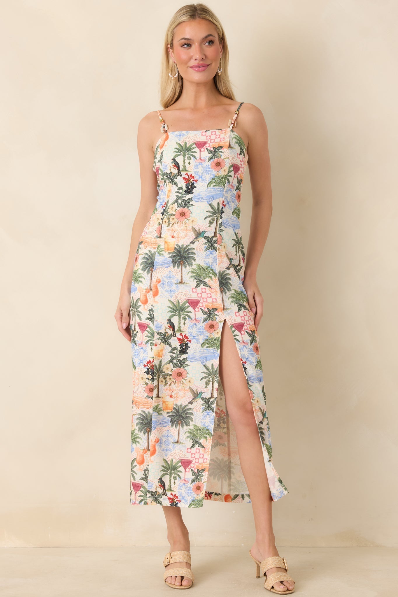 Women's Sipping Under the Palms Multi Tropical Print Bead Detail Midi Dress | 85% Rayon & 15% Linen 4