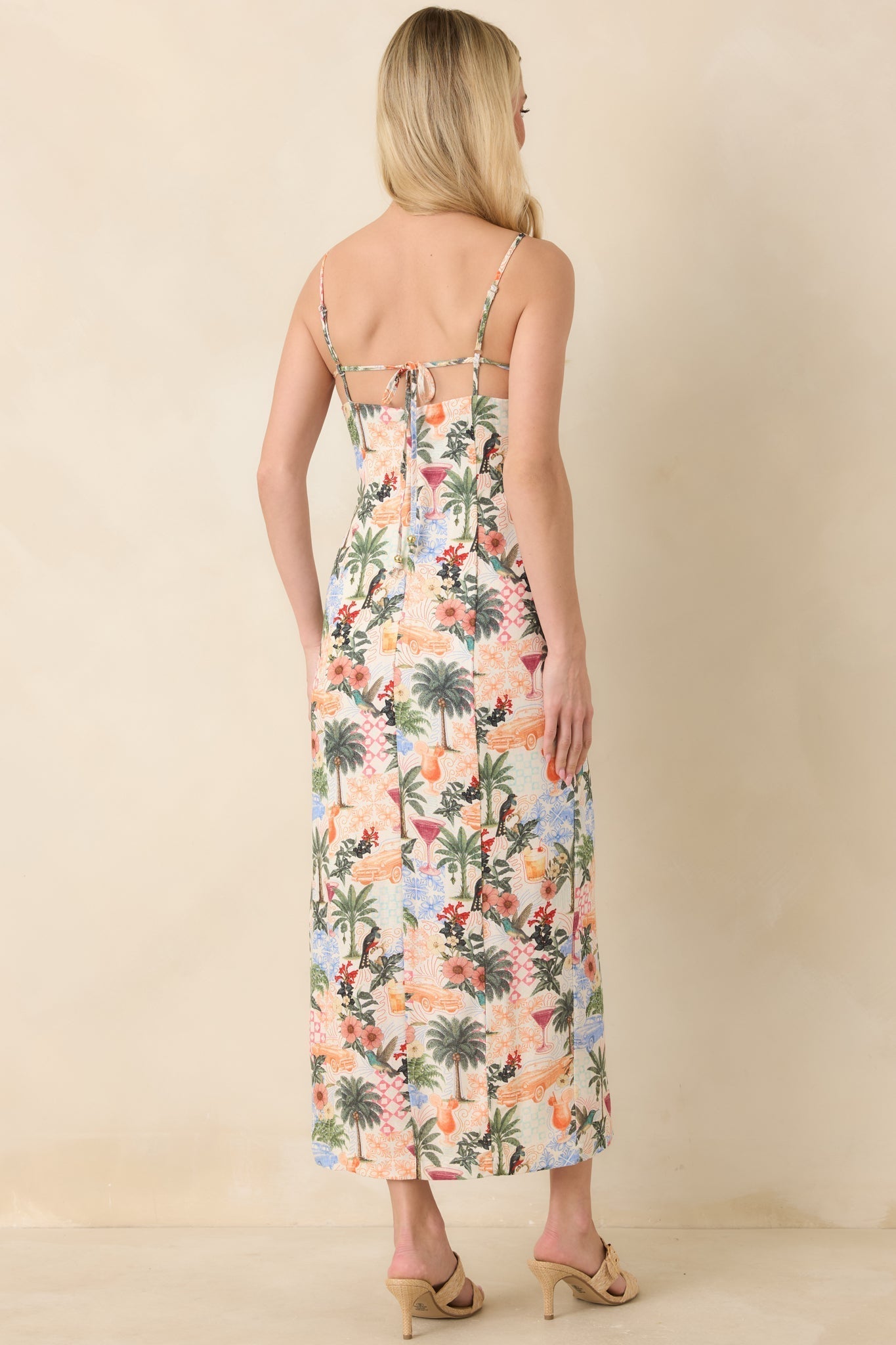Women's Sipping Under the Palms Multi Tropical Print Bead Detail Midi Dress | 85% Rayon & 15% Linen 6