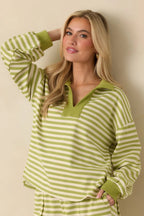 Women's Smooth Strides Matcha Green Stripe Long Sleeve V-Neck Lounge Top | 50% Polyester 1