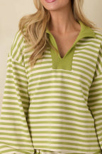 Women's Smooth Strides Matcha Green Stripe Long Sleeve V-Neck Lounge Top | 50% Polyester 2