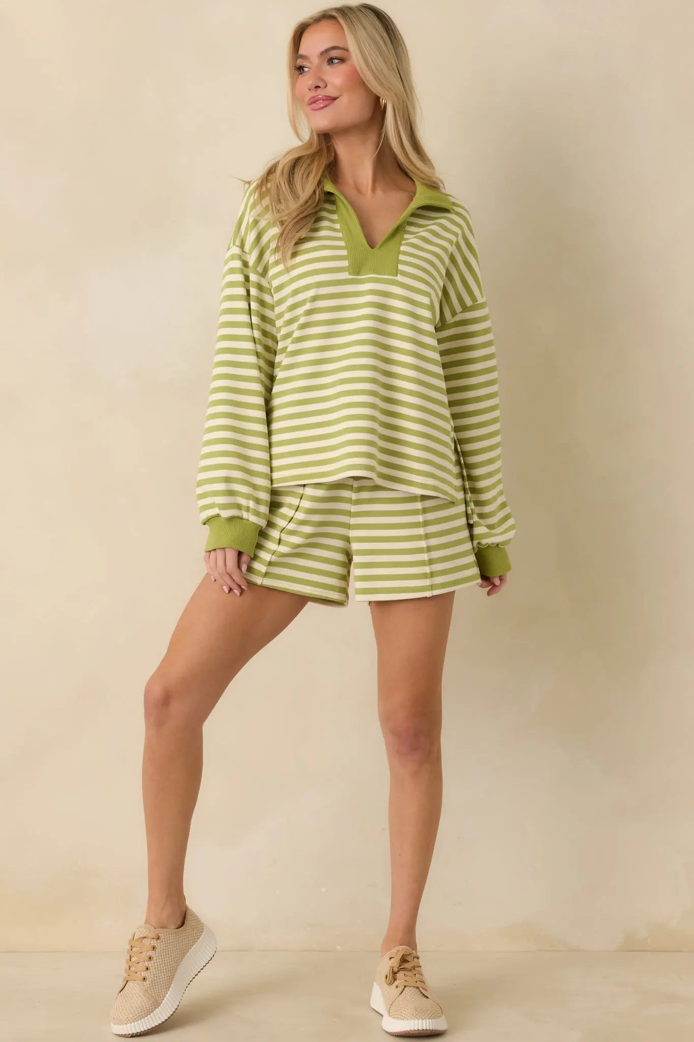 Women's Smooth Strides Matcha Green Stripe Long Sleeve V-Neck Lounge Top | 50% Polyester 3