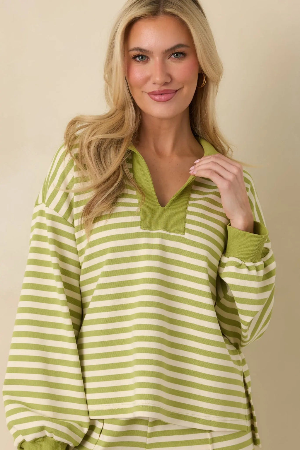 Women's Smooth Strides Matcha Green Stripe Long Sleeve V-Neck Lounge Top | 50% Polyester 5