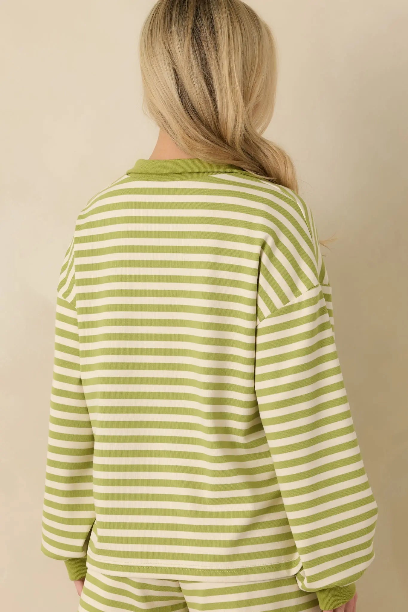 Women's Smooth Strides Matcha Green Stripe Long Sleeve V-Neck Lounge Top | 50% Polyester 7
