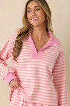 Women's Smooth Strides Peony Pink Stripe Long Sleeve V-Neck Lounge Top | 50% Polyester 6