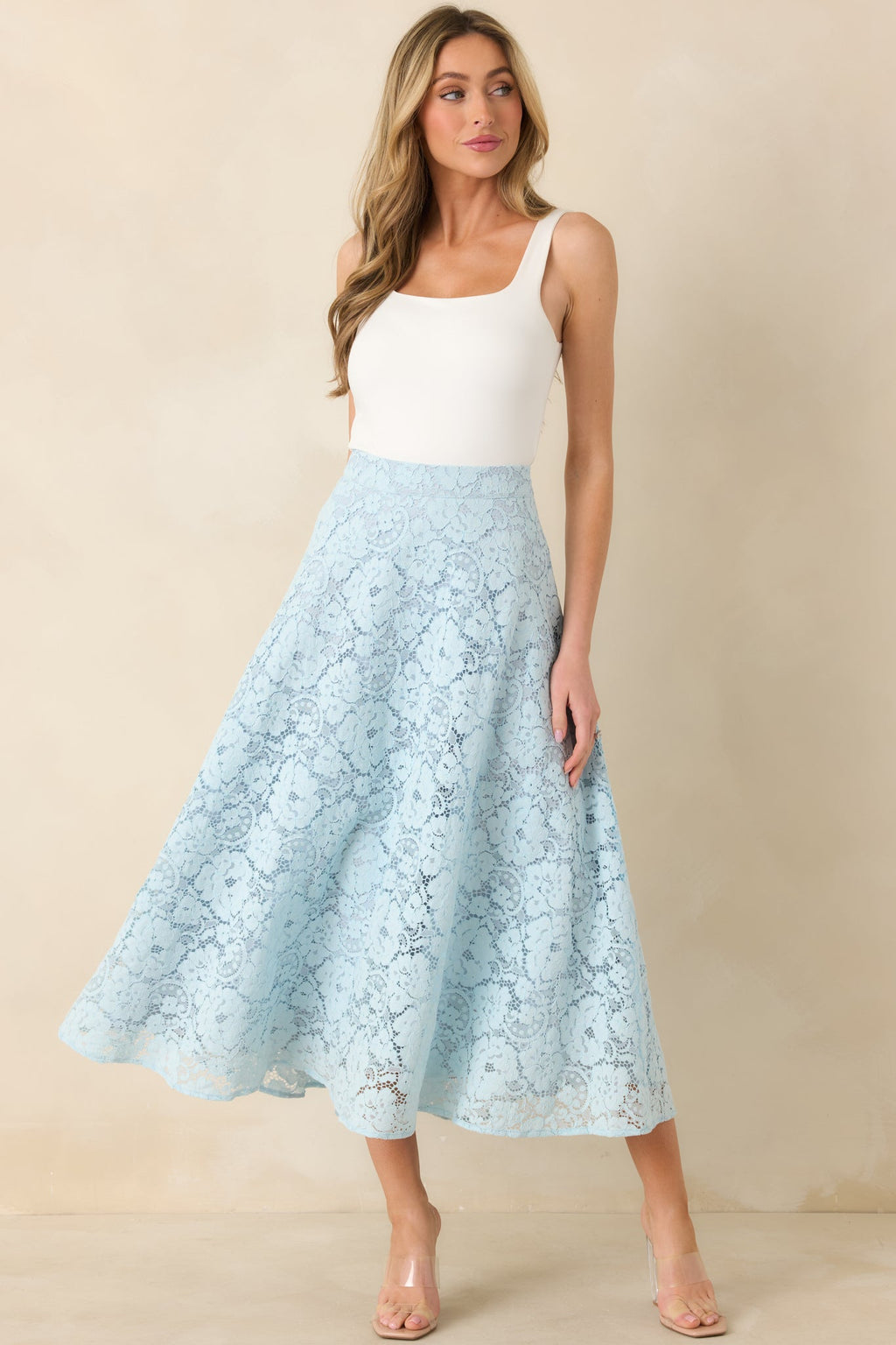 Women's Soft Daylight Light Blue Guipure Maxi Skirt | 65% Cotton & 35% Nylon 3