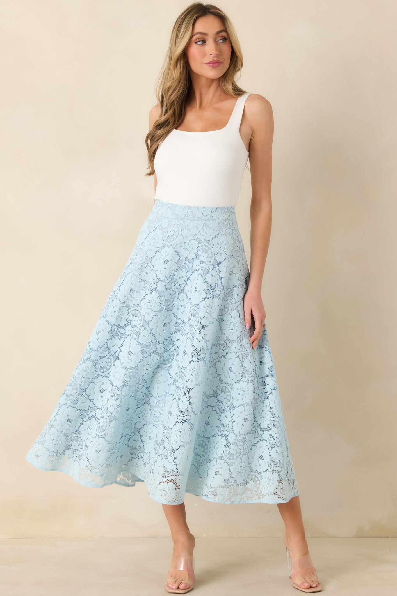 Women's Soft Daylight Light Blue Guipure Maxi Skirt | 65% Cotton & 35% Nylon 3