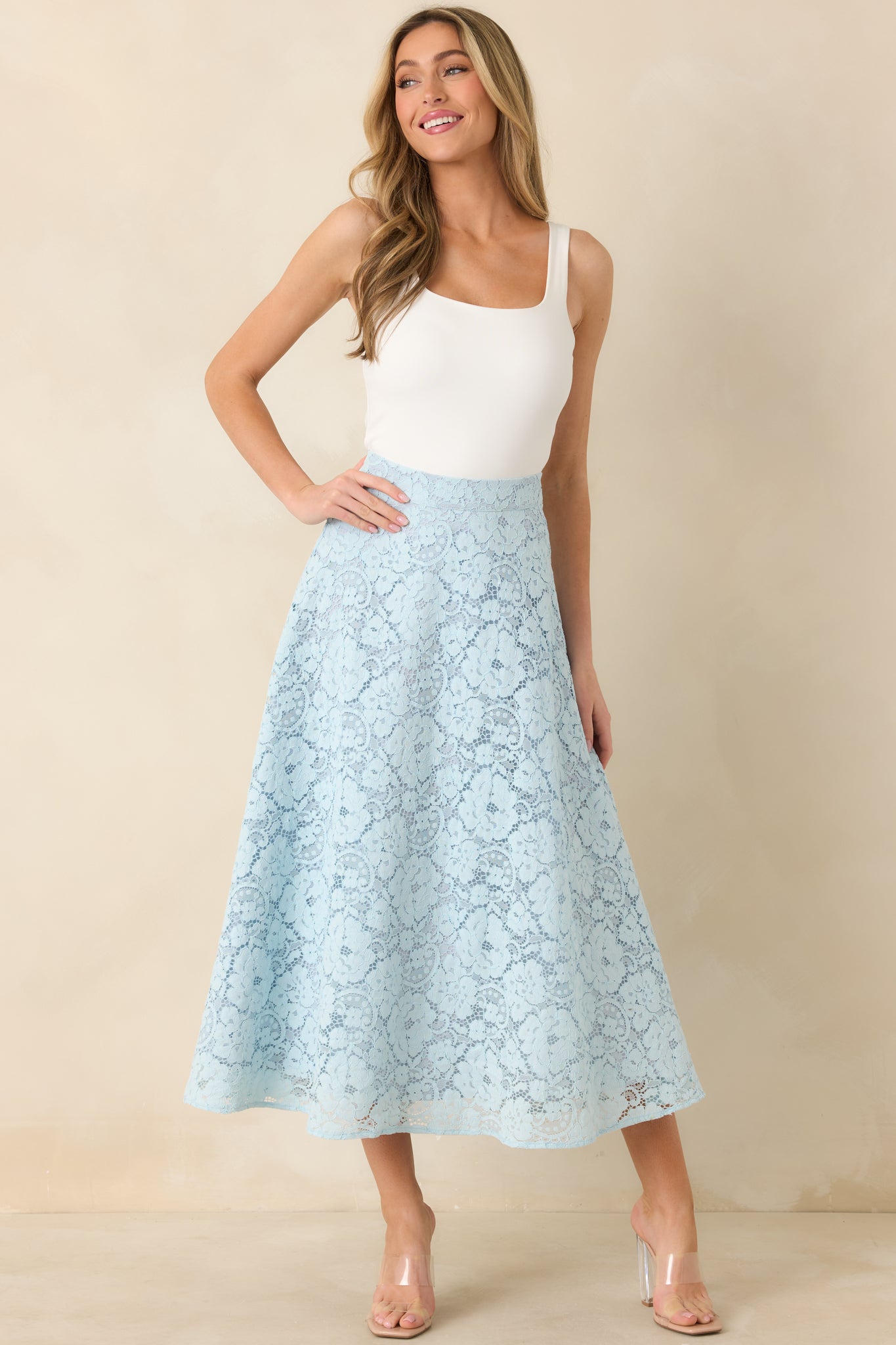 Women's Soft Daylight Light Blue Guipure Maxi Skirt | 65% Cotton & 35% Nylon 5