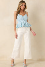 Women's Soft Daylight Light Blue Guipure Peplum Top | 65% Cotton & 35% Nylon 6