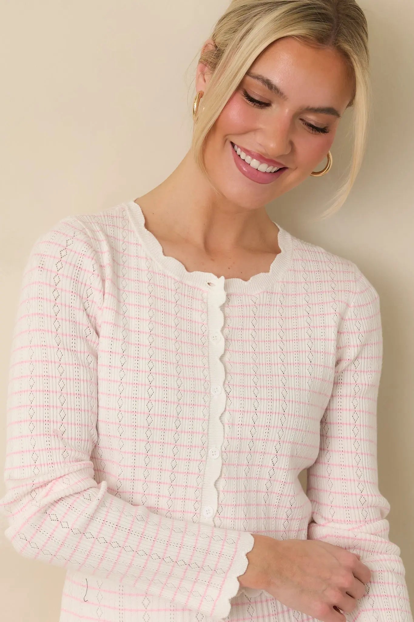 Women's Soft Echoes White Stripe Pointelle Knit Button Up Cardigan | 50% Viscose 1